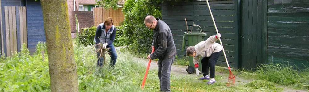 Buurtbewoners met grijpstokken en vuilniszakken ruimen een groenstrook op
              tijdens de wijkschoonmaakdag.